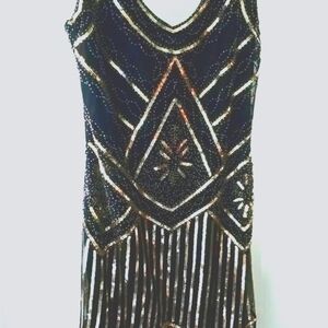 Sequined Sheer Fringed Black Dress Size S